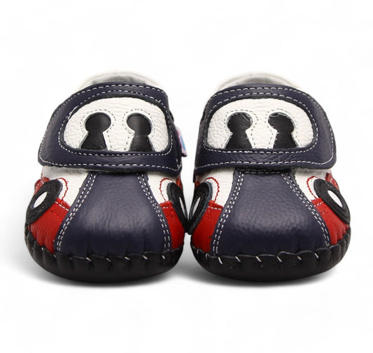 First walker leather kids shoes with soft sole. Navy blue, white, and red baby shoes with a cartoon car design on the toes
