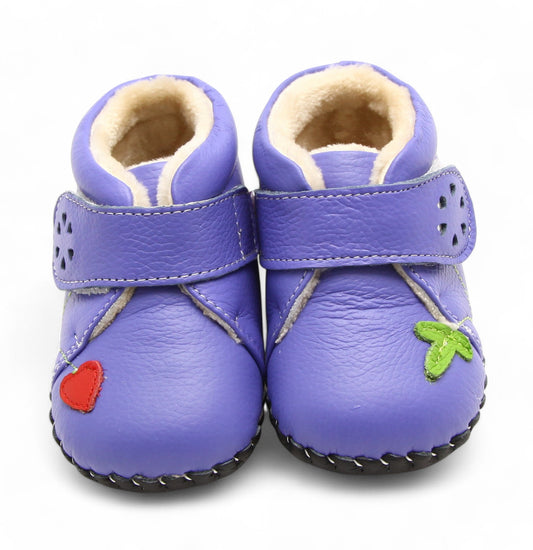 Soft purple kids shoes with non-slip sole and decorations