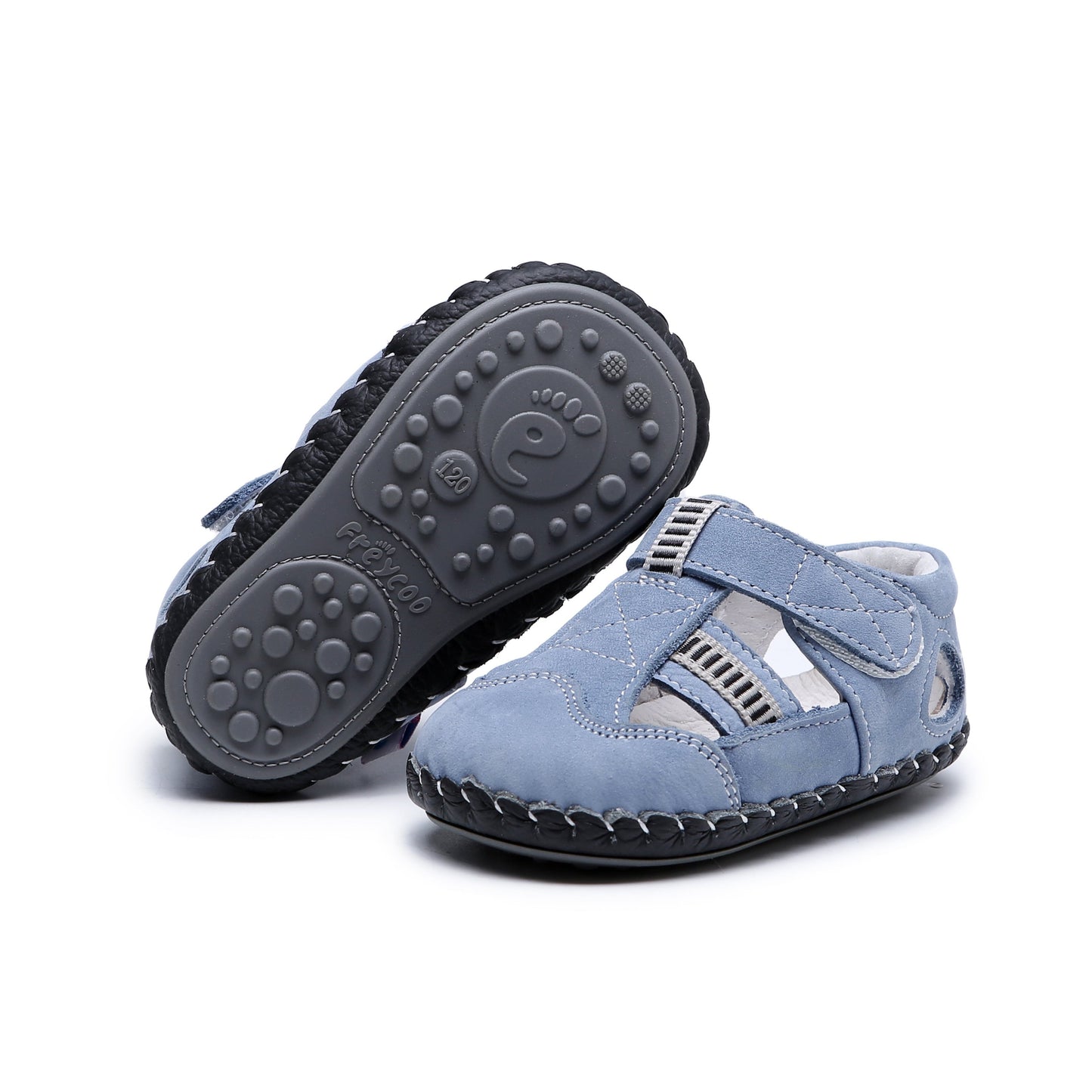 blue infant sandals velcro textured sole open