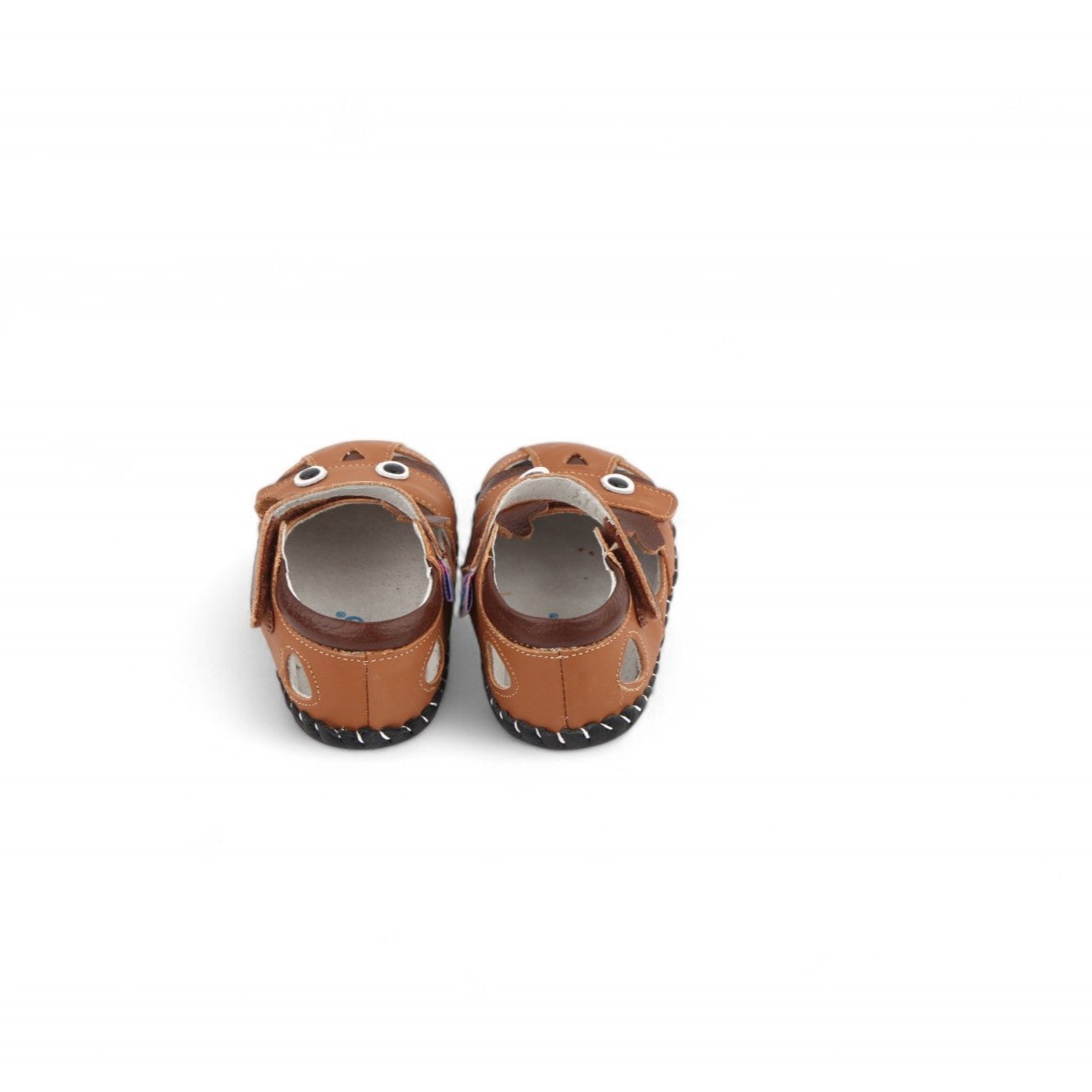 brown leather toddler sandals with a stitched animal face and secure ankle support