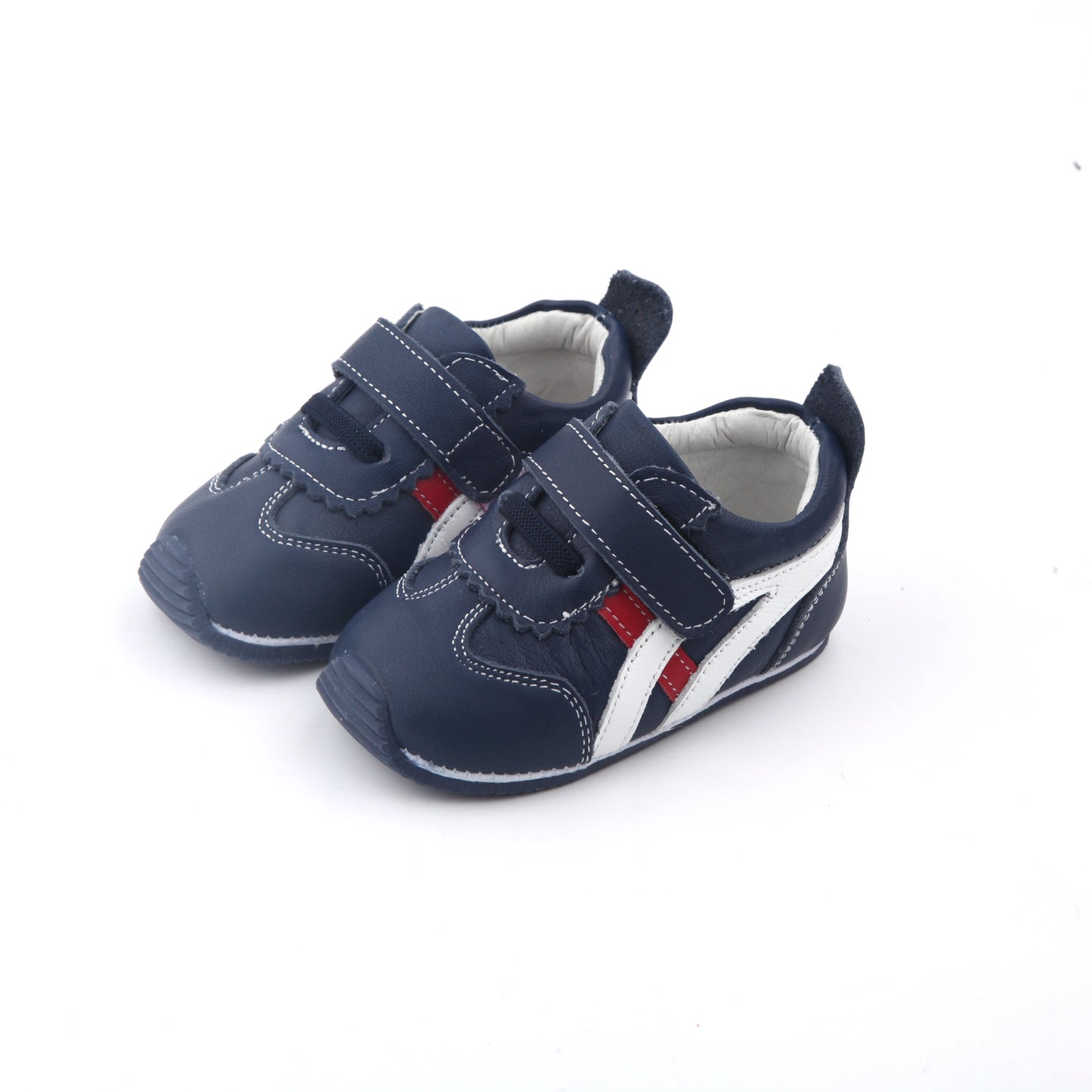 navy baby shoes sneakers red white stripes velcro