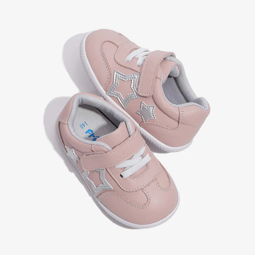 pink kids' sneakers with silver star details and Velcro strap