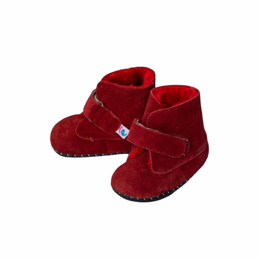 red suede kids winter boots with Velcro straps for babies and toddlers