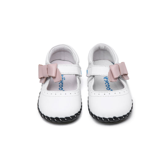 Babydoll_Bows_First_Walkers_Kids_Shoes, toddler girl shoes with a pink bow and perforated detailing