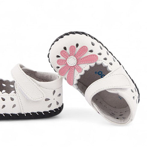 Blushing Blooms Pink Flower Mary Janes white with cute pink flower and Velcro straps