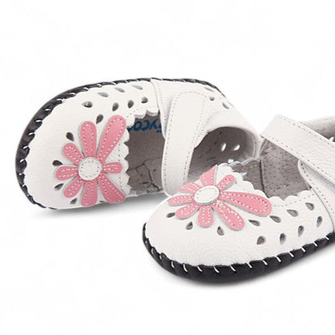 Blushing Blooms Pink and White Flower Shoes Kids' Mary Janes with Velcro featuring a cute flower design and made from soft genuine leather