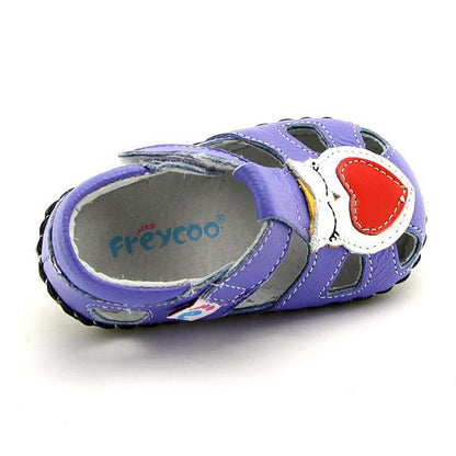 Cute purple sandals with red hearts, white cats soft genuine leather