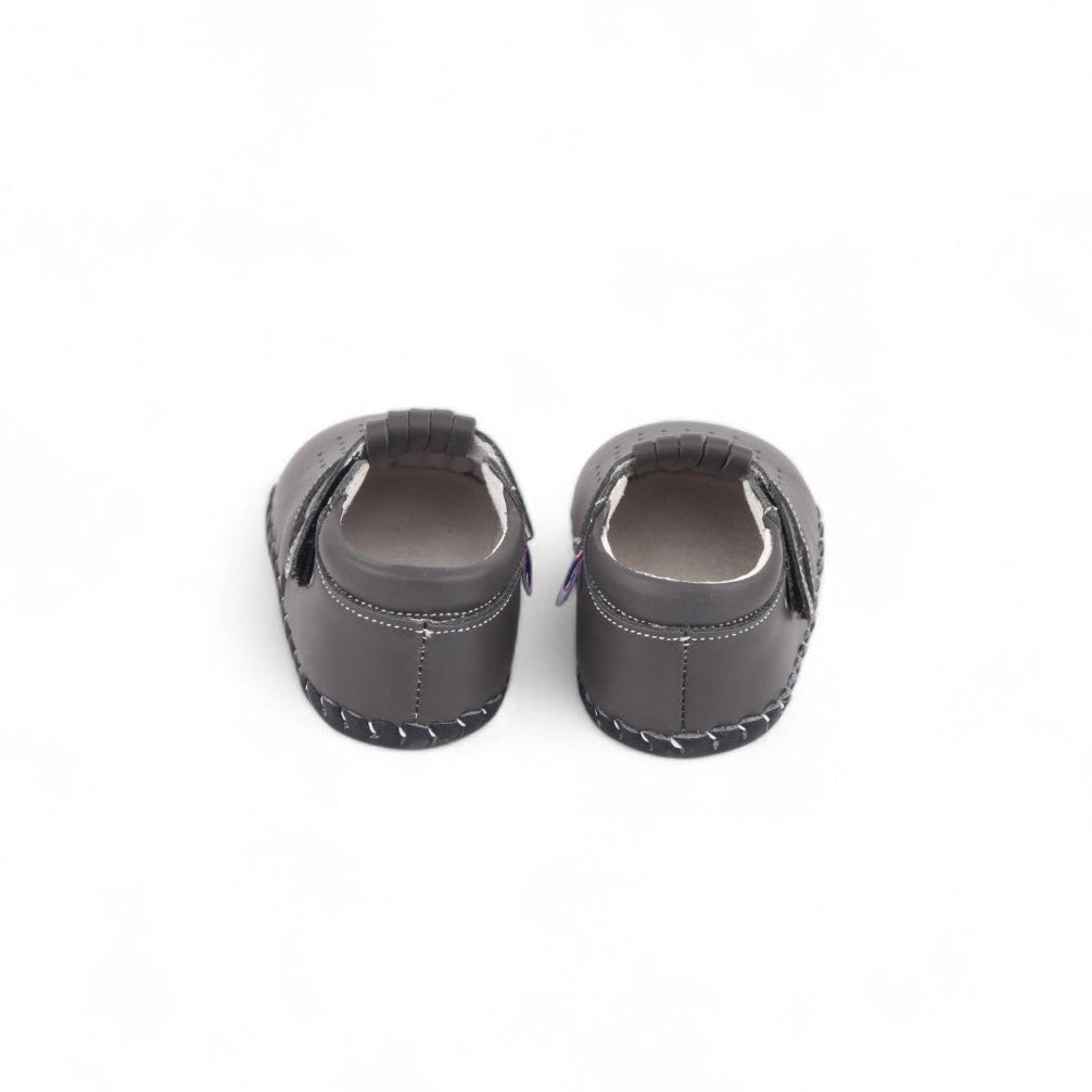 Infant grey soft sole leather shoes with ankle support for first walkers