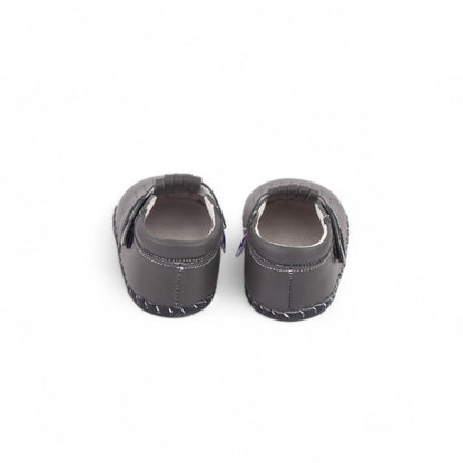 Infant grey soft sole leather shoes with ankle support for first walkers