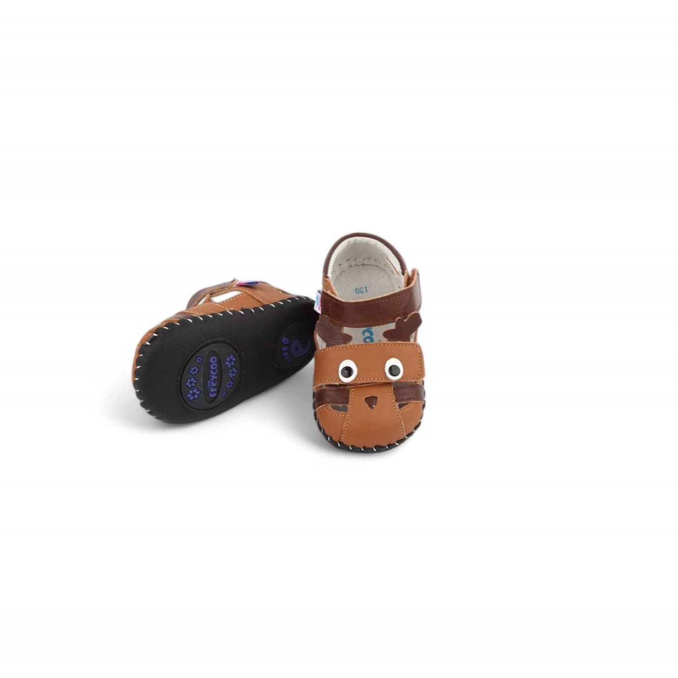 Kids brown leather first walker shoes with a cute animal face design