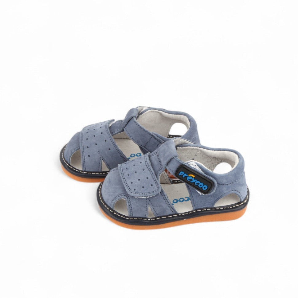 Mini Mavericks Kids Open Sandals Squeaky Toddler Fun in light blue with Velcro strap for easy fit