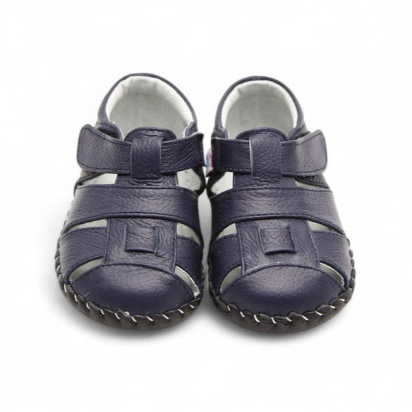 Navy blue kids leather sandals for toddlers and babies, soft sole and barefoot feel