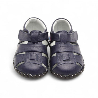 Navy blue kids leather sandals for toddlers and babies, soft sole and barefoot feel