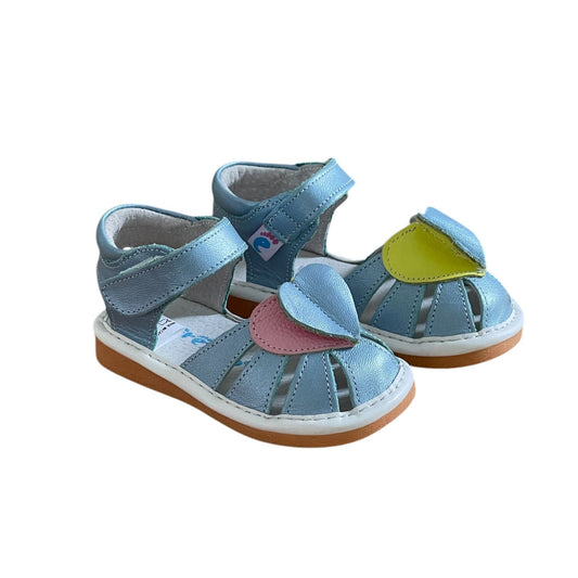 Open-toe light blue sandals for toddlers with easy Velcro closures and playful leaf accents
