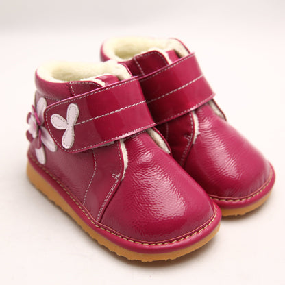 Order bright pink squeaky boots with velcro strap