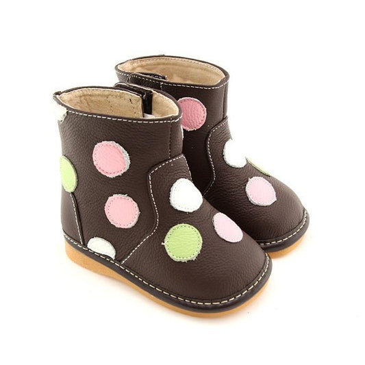 Pink Polkadots Kids Boots with Removable Squeakers Genuine leather