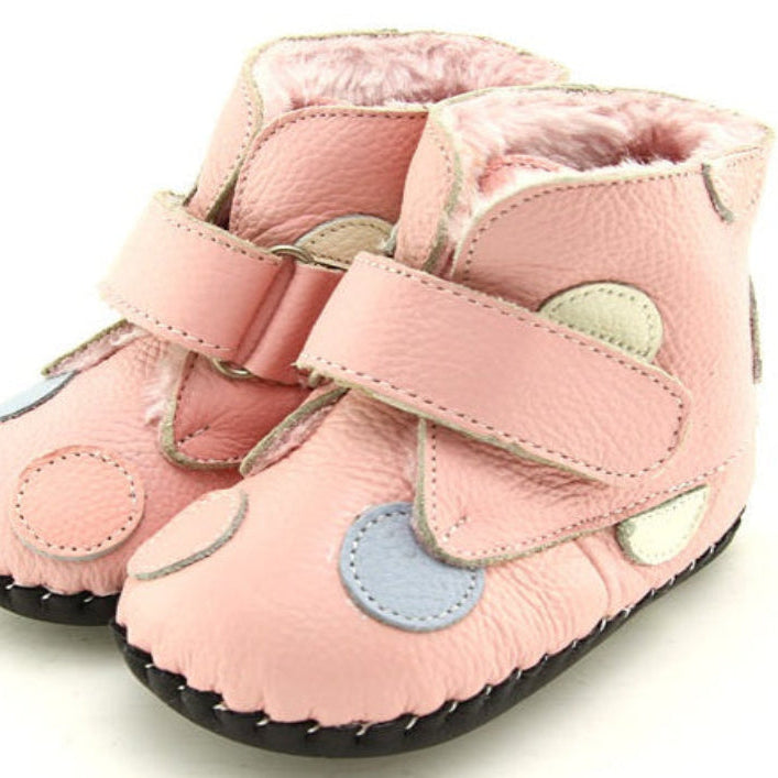 Pink leather kids and toddlers winter booties with Velcro straps soft, cushioned insole
