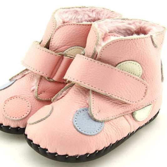 Pink leather kids and toddlers winter booties with Velcro straps soft, cushioned insole