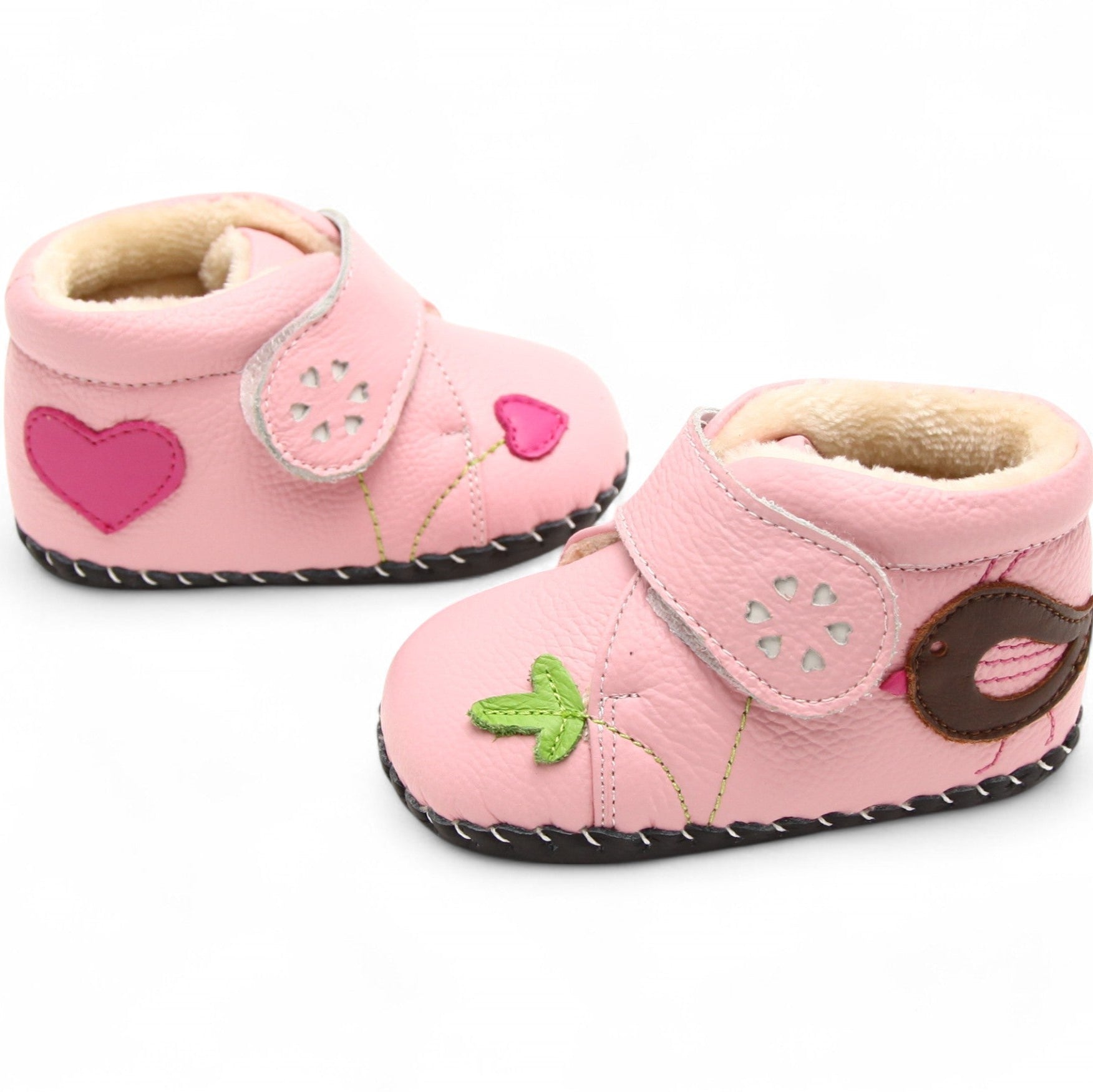 Pink soft leather toddler shoes with red heart and green leaf
