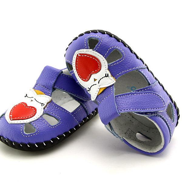 Purple baby kids sandals with red hearts and white cat faces