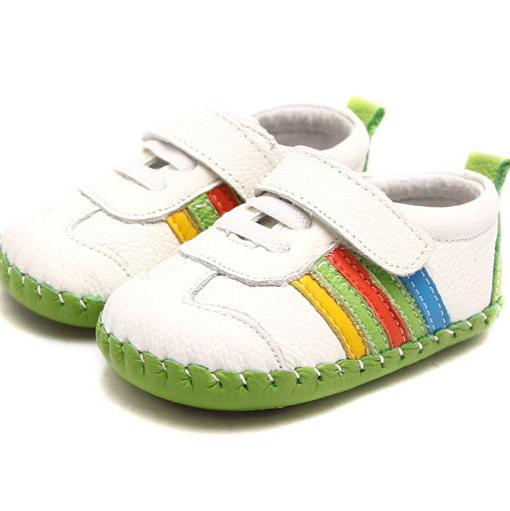Rainbow Walkers Kids' Sneakers Easy On Shoes for Toddlers and first walkers. Stylish kids' sneakers with a simple Velcro closure keeping tiny toes happy on every adventure. These rainbow-striped walkers are soft and super cute!