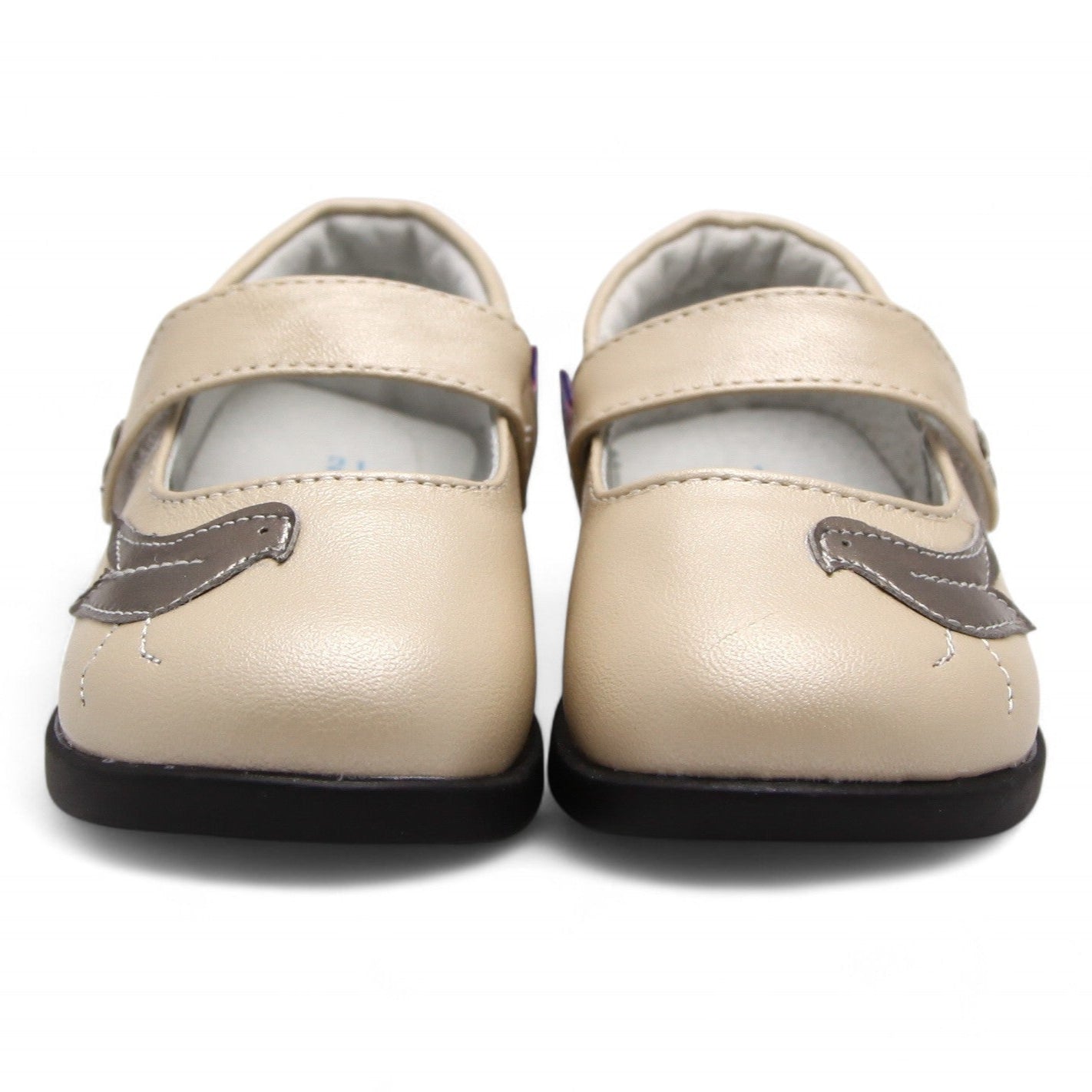Adorable babydoll shoes for girls. Made from soft leather with hand-stitched sparrow and flower detail on an adjustable strap. Non-slip soles prevent falls.