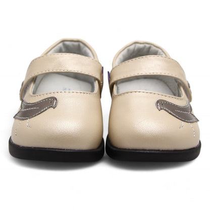 Adorable babydoll shoes for girls. Made from soft leather with hand-stitched sparrow and flower detail on an adjustable strap. Non-slip soles prevent falls.
