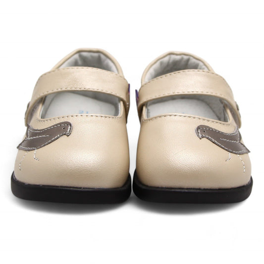Adorable babydoll shoes for girls. Made from soft leather with hand-stitched sparrow and flower detail on an adjustable strap. Non-slip soles prevent falls.