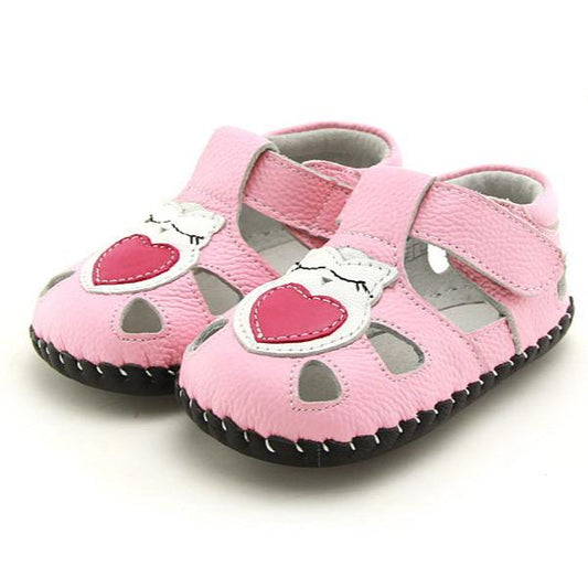 Light pink Sweetheart Steps kids sandals with red hearts, Velcro closure
