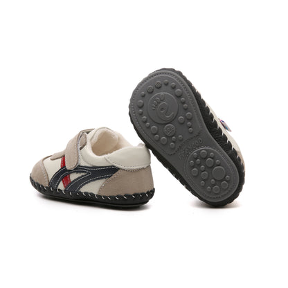 beige kids sneakers navy red stripes velcro textured sole made from genuine leather