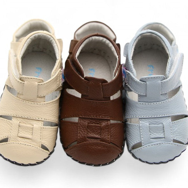 Cream, brown, and light blue kids leather soft sole sandals for babies and toddlers