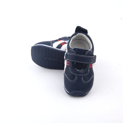 navy blue kids sneakers with red and white stripes and velcro strap