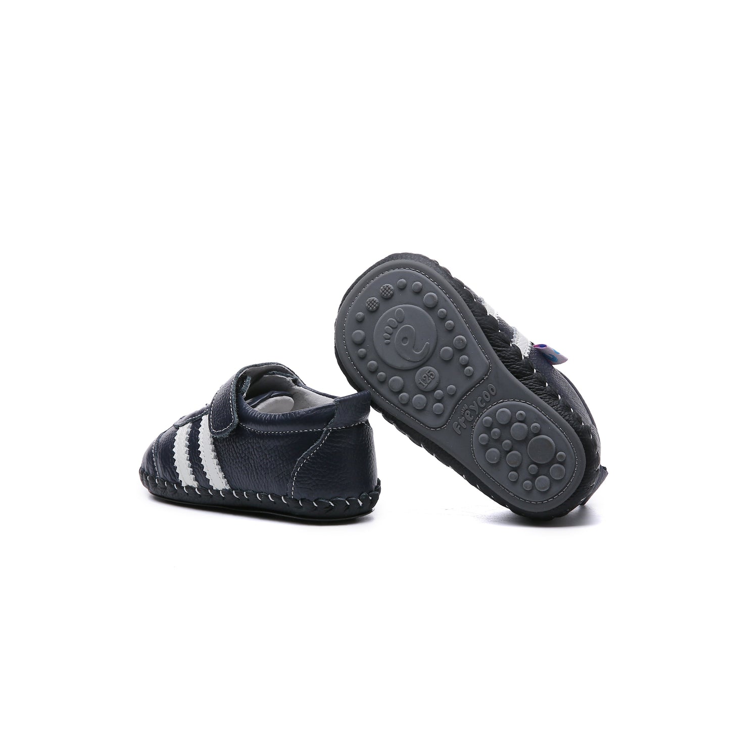 navy kids sneakers white stripes velcro flexible sole