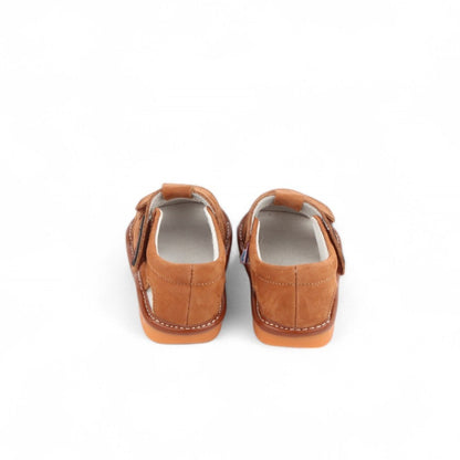 open-toe blue removable squeaky sandals for children in brown with easy Velcro strap