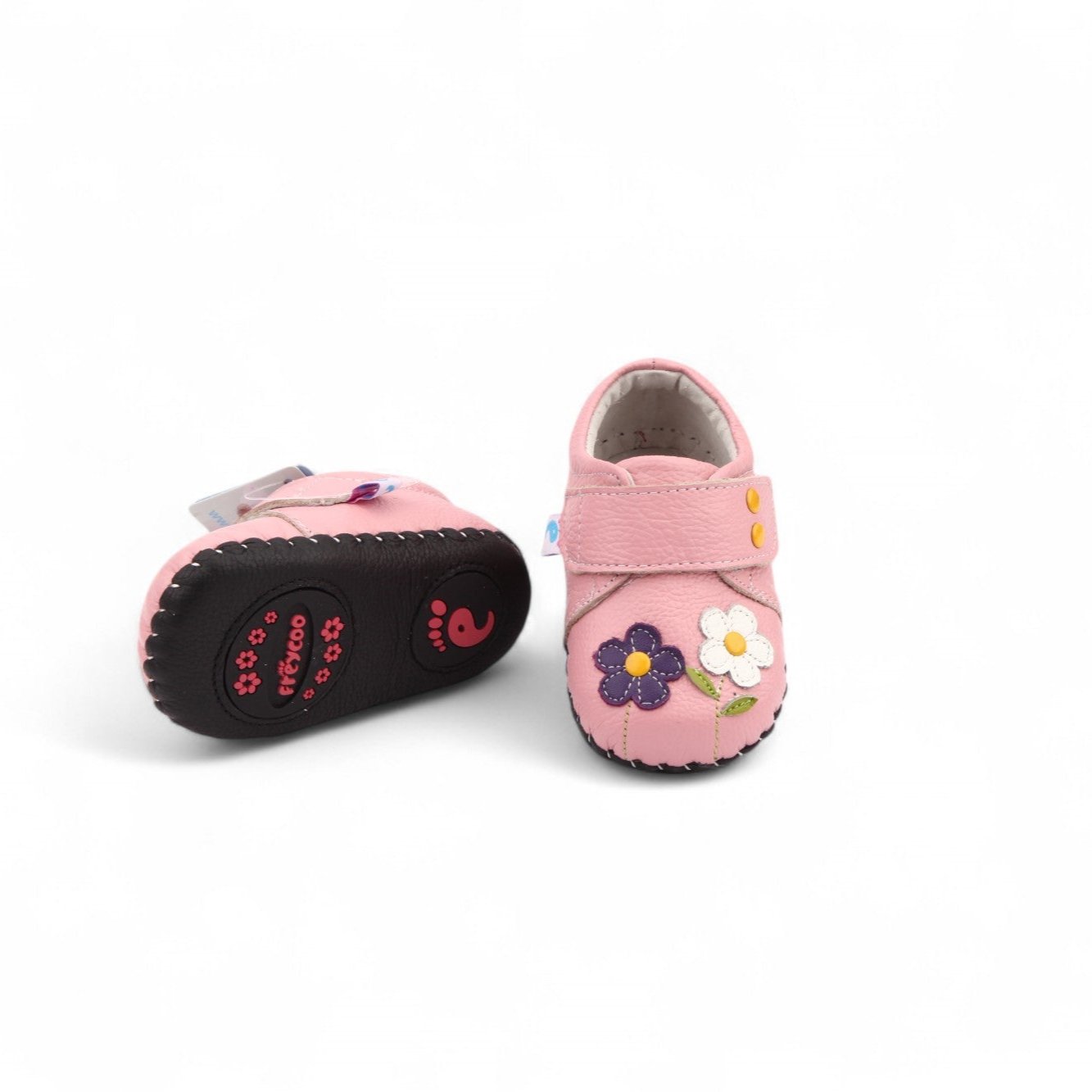Cute pink baby kids shoes Mary Jane style with flower details flexible black sole made from genuine leather