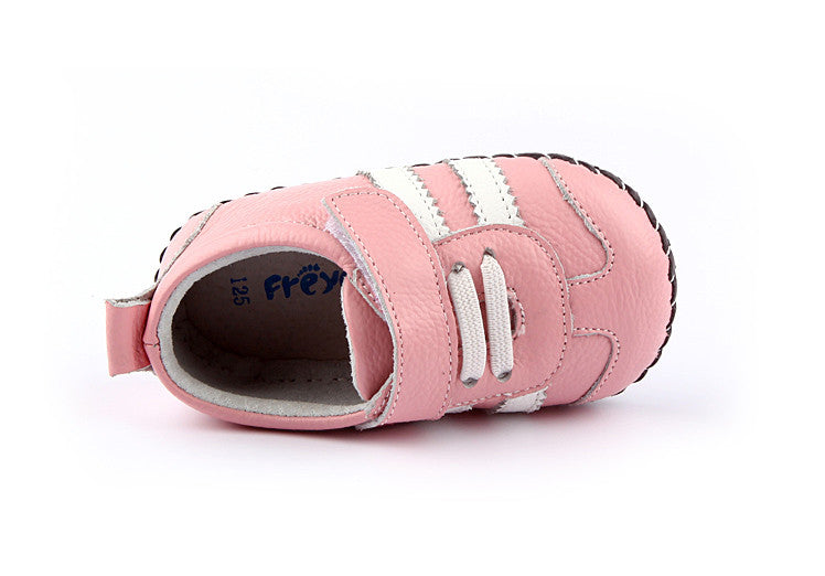 pink girls sneakers white stripes velcro